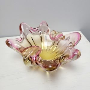 Murano Art Glass Vintage Ashtray Pink Yellow Mid-Century Italian Glass 8" x 6"